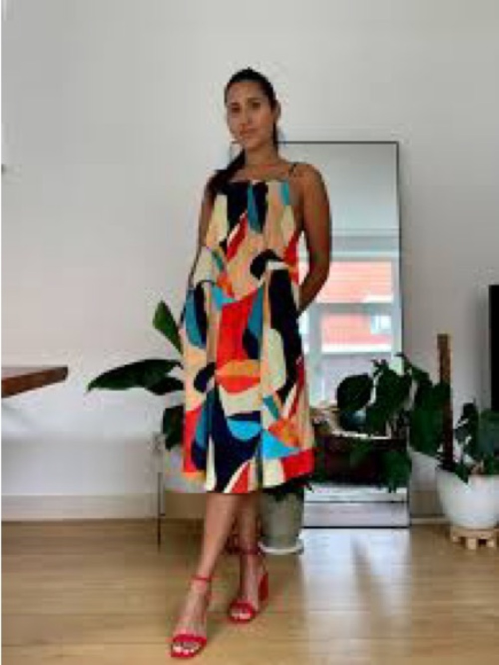 abstract, navy blue, red and tan dress stunning size XL